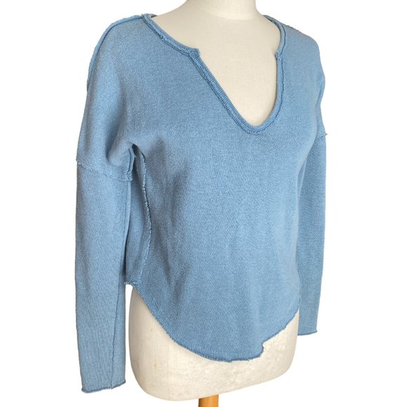 NWT We The Free Come & Get It Sweater Blue Raw Edge Slouchy Lagenlook Grunge-S - Picture 1 of 16